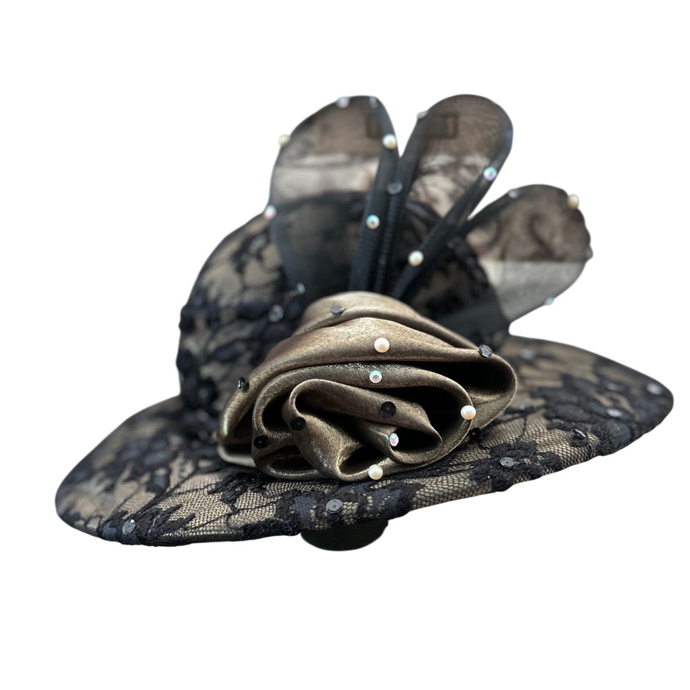 Whittall & Shon Black Wool Lace Sequin Pearl Rose Formal Church Derby Hat NWT